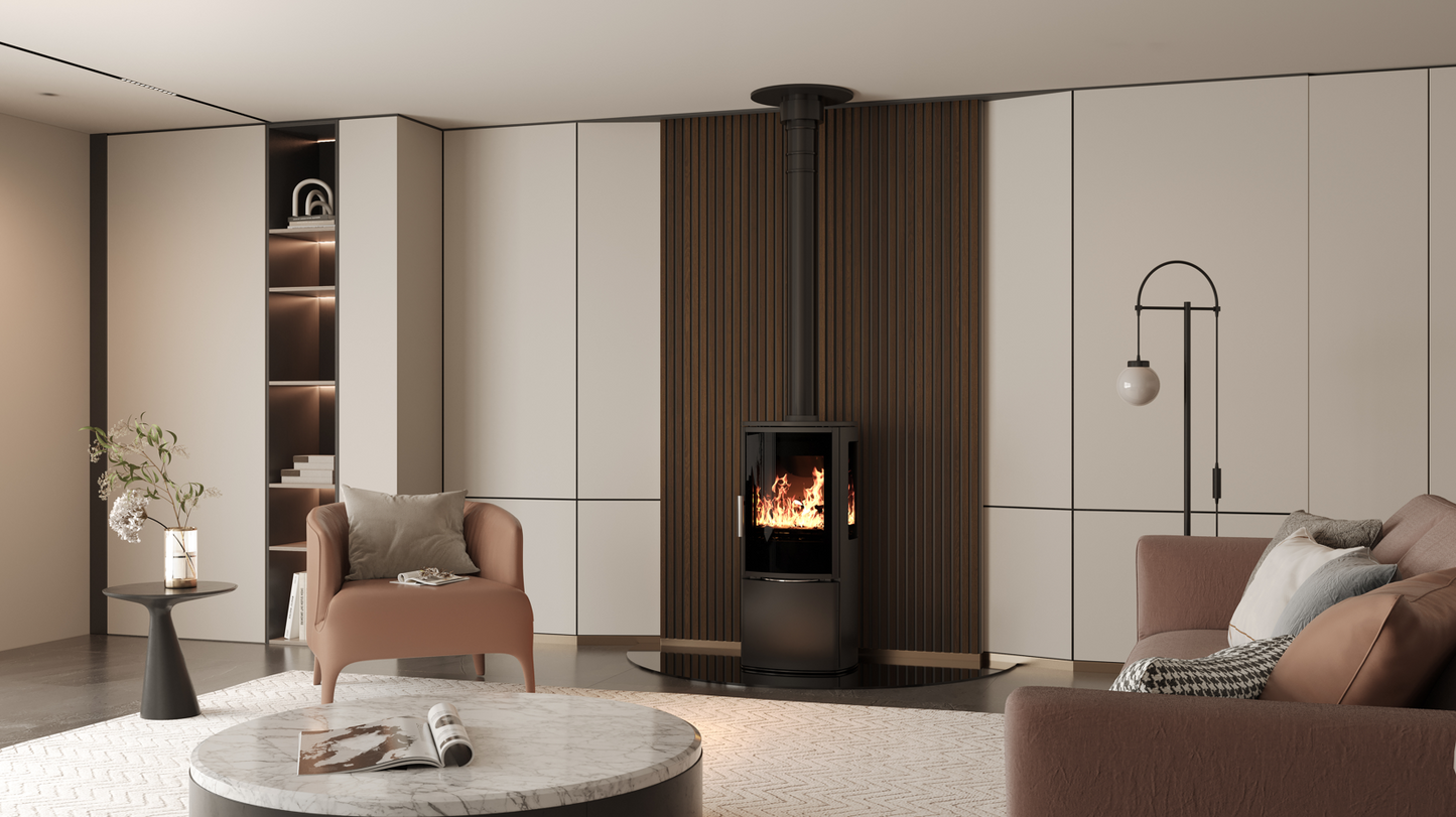 ACR Neo XC. A modern wood-burning fireplace with a black metal chimney stack, set in a minimalist living room with beige and brown furniture, a marble coffee table, and a dark wood slatted accent wall.