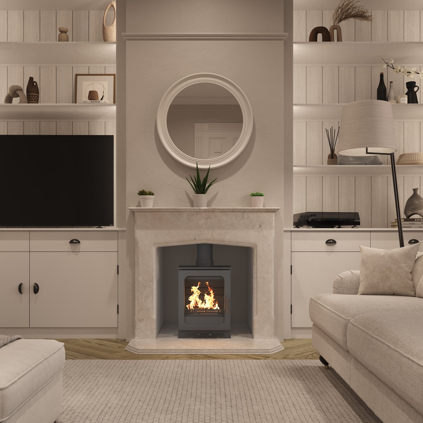Modern living room with a fireplace, stove, TV, and shelves.