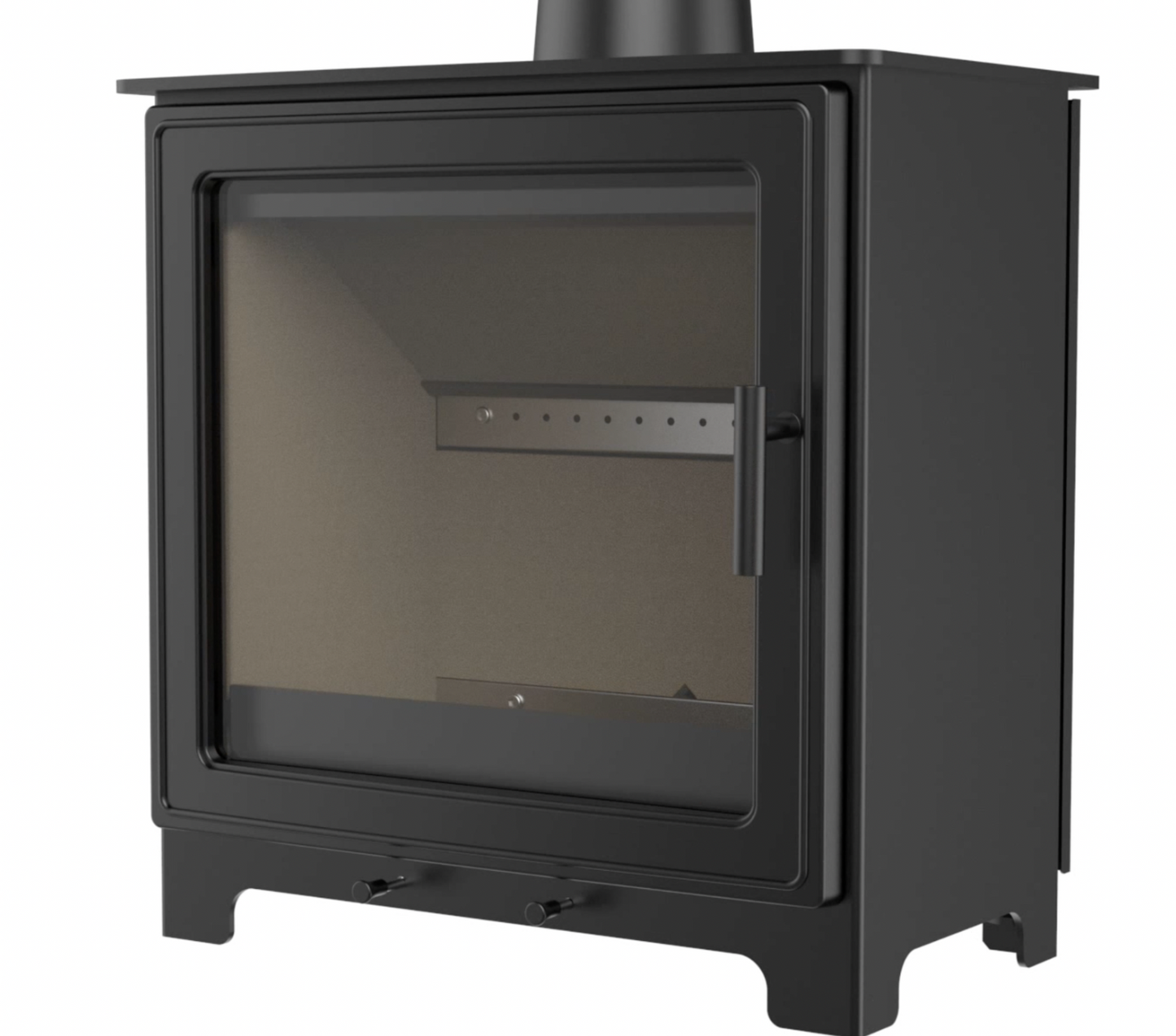 Clifton 5 Wide Black freestanding stove with glass door on a white background