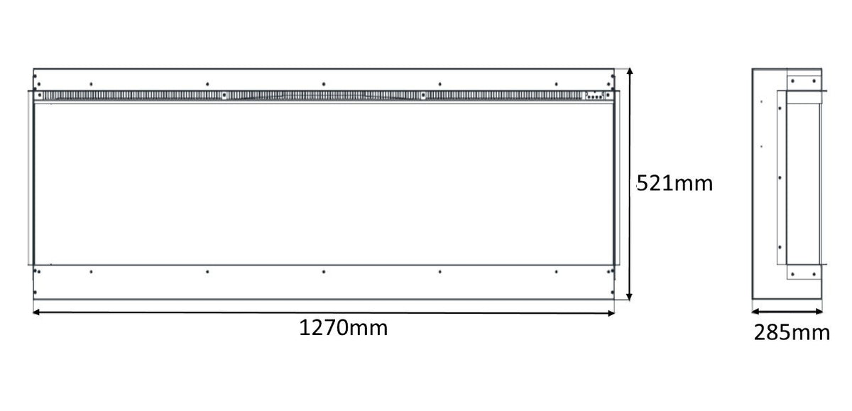 Technical dimension diagram of a rectangular electric fire, showing a main front view labelled 1270mm by 521mm and a side profile labelled 285mm, on a white background.