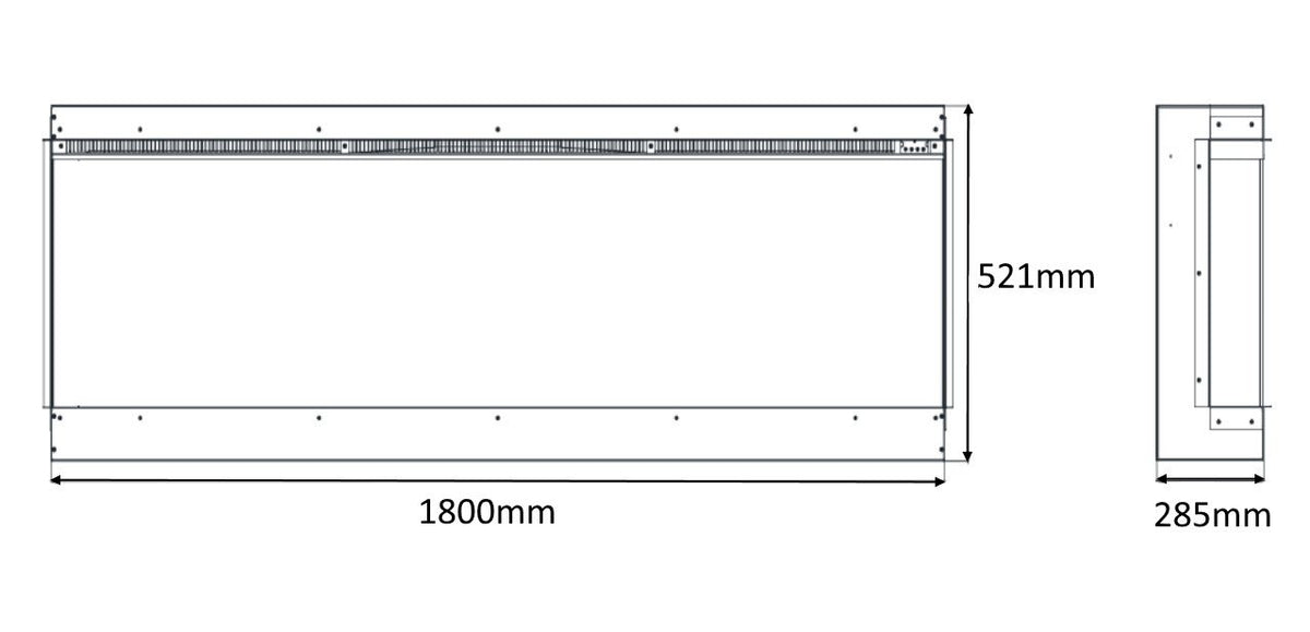 Technical dimension diagram of a rectangular electric fire, showing a main front view labelled 1800mm by 521mm and a side profile labelled 285mm, on a white background.