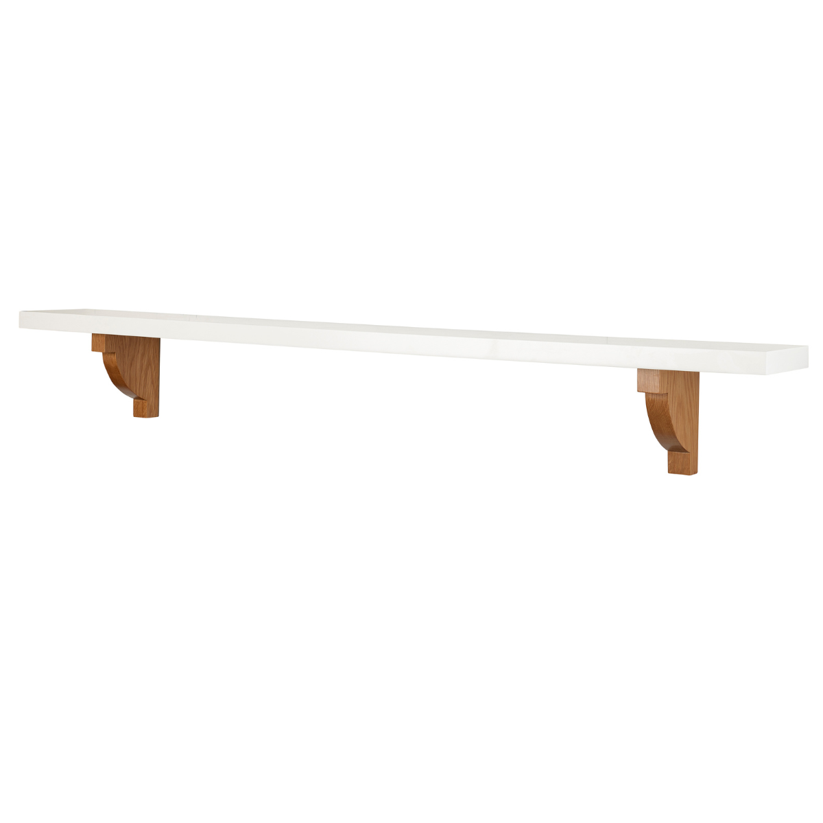 White shelf with wooden brackets on a white background