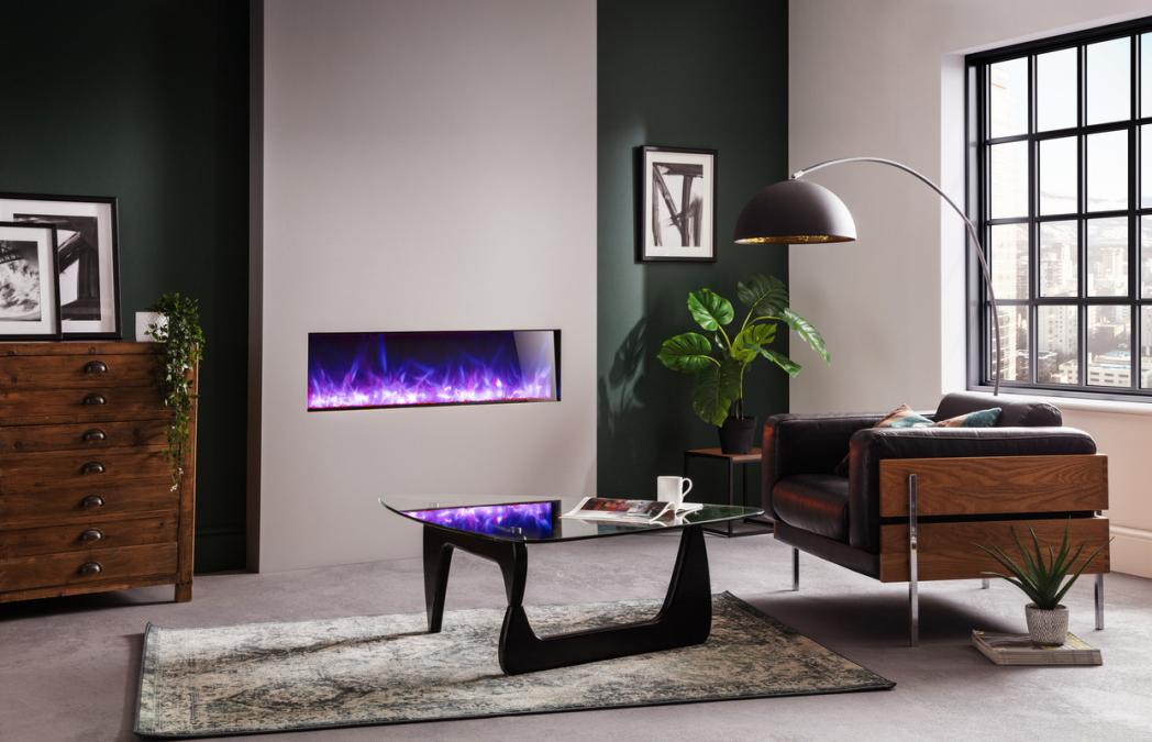 Rayburn Stratus XS Extra Slim 75-30. Modern living room with a fireplace, coffee table, and decor elements.