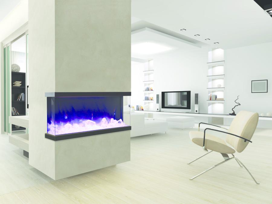 Rayburn Stratus 125-39 Tru View Electric Fire. Modern living room with a white electric fireplace and a beige chair.