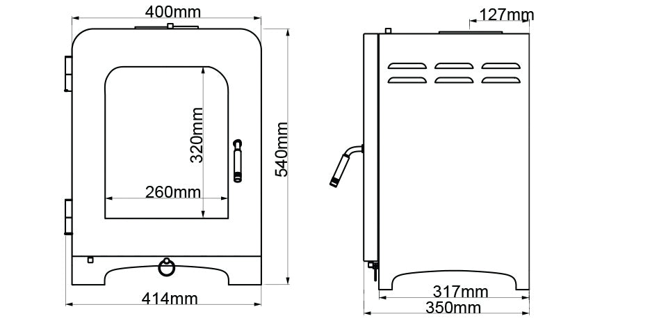 Saltfire ST2 Technical drawing with dimensions of Stove