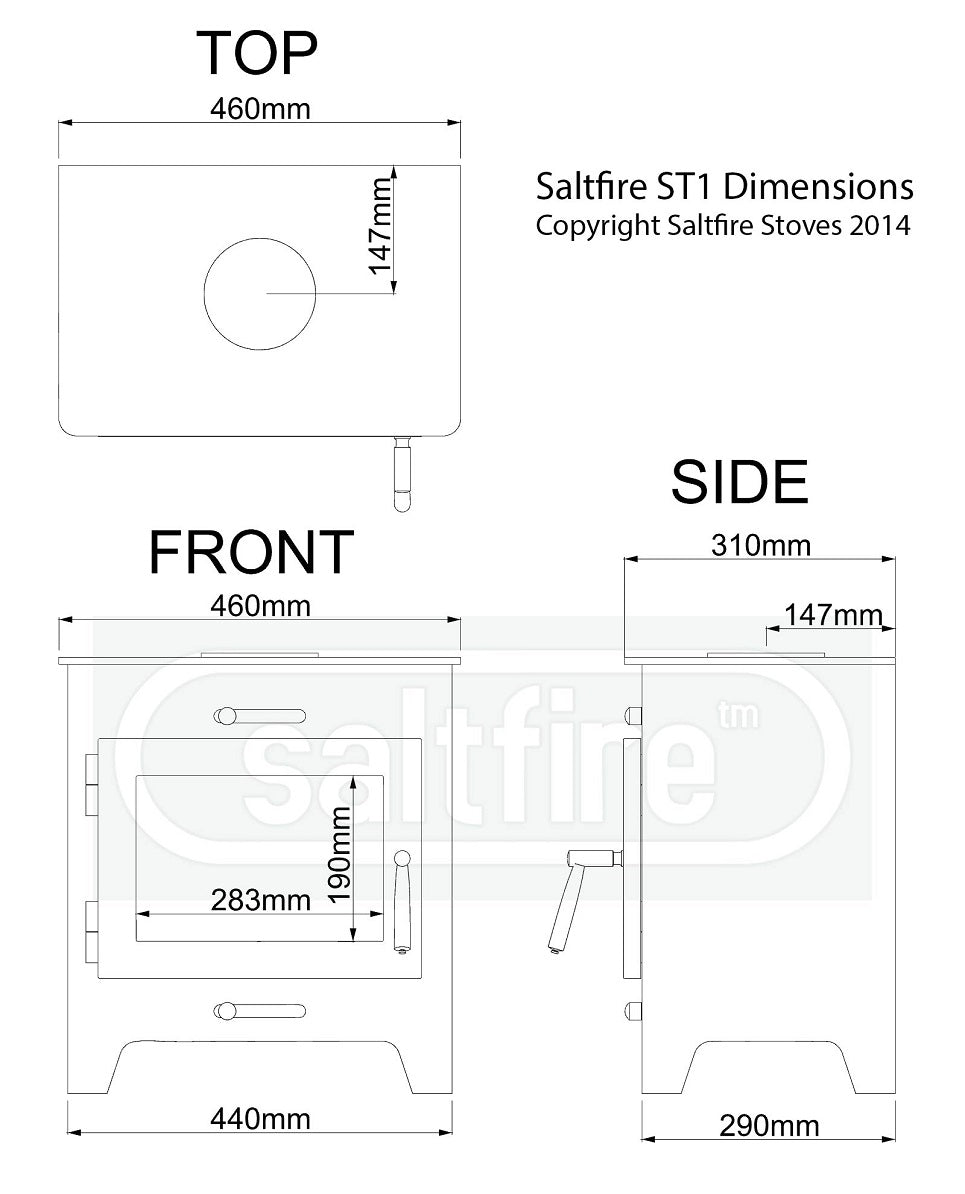 Technical drawing of Saltfire ST1 stove dimensions with labels for top, front, and side views.