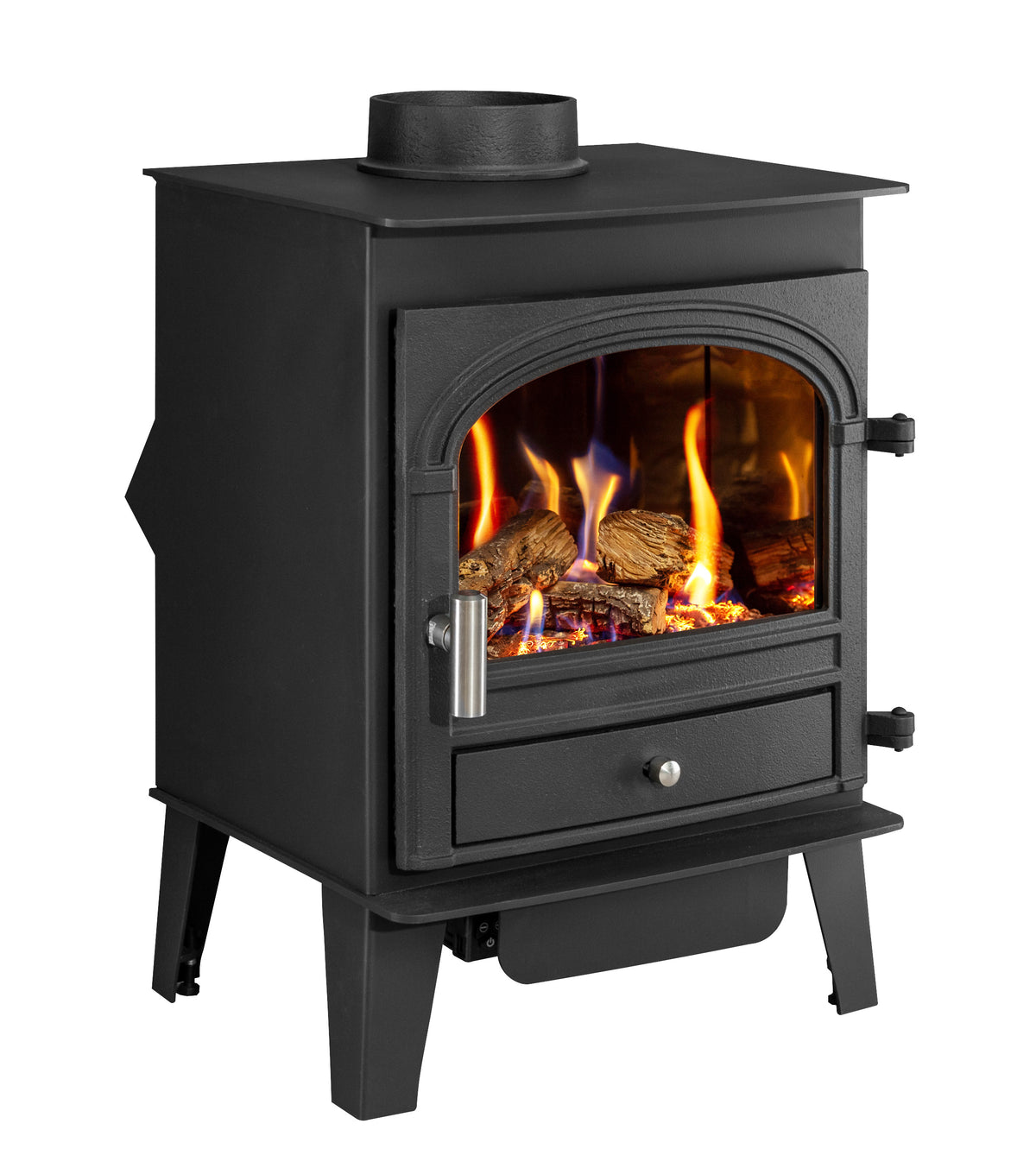 A black cast iron gas stove with a glass front door showing a simulated fire with logs, set against a plain white background.