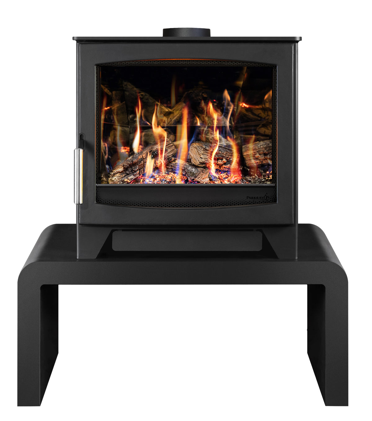 A black gas stove with a glass front door showing a realistic flame and log display, sitting on a matching black metal stand against a plain white background.
