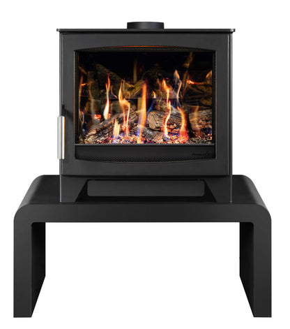 A black gas stove with a glass front door showing a realistic flame and log display, sitting on a matching black metal stand against a plain white background.