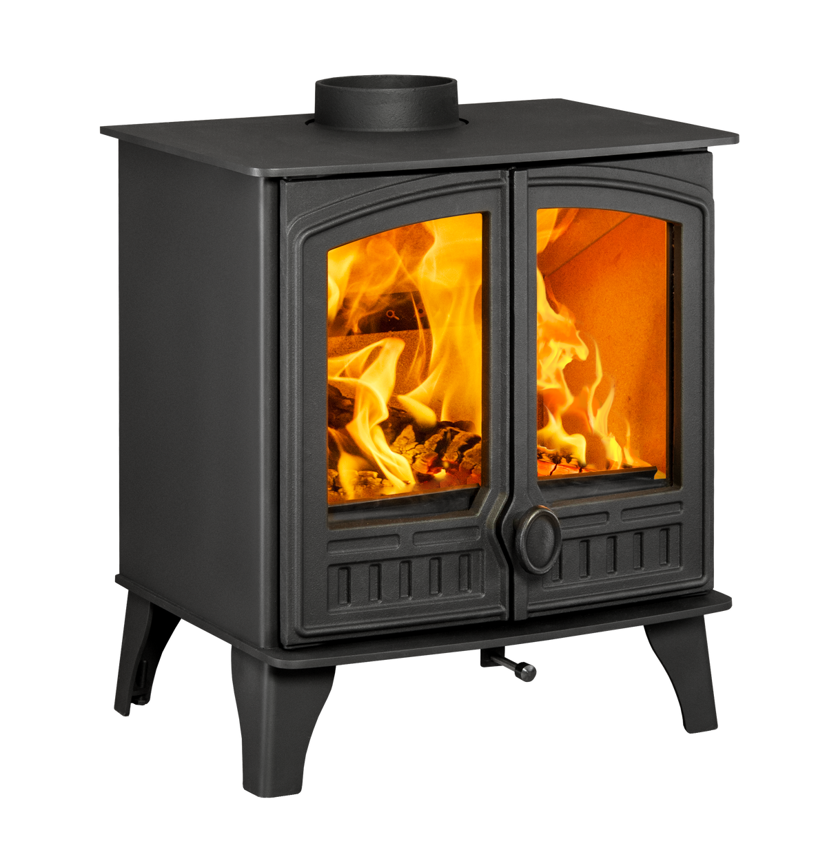 A black cast iron wood-burning stove with two glass doors showing bright orange and yellow flames, set against a solid white background.