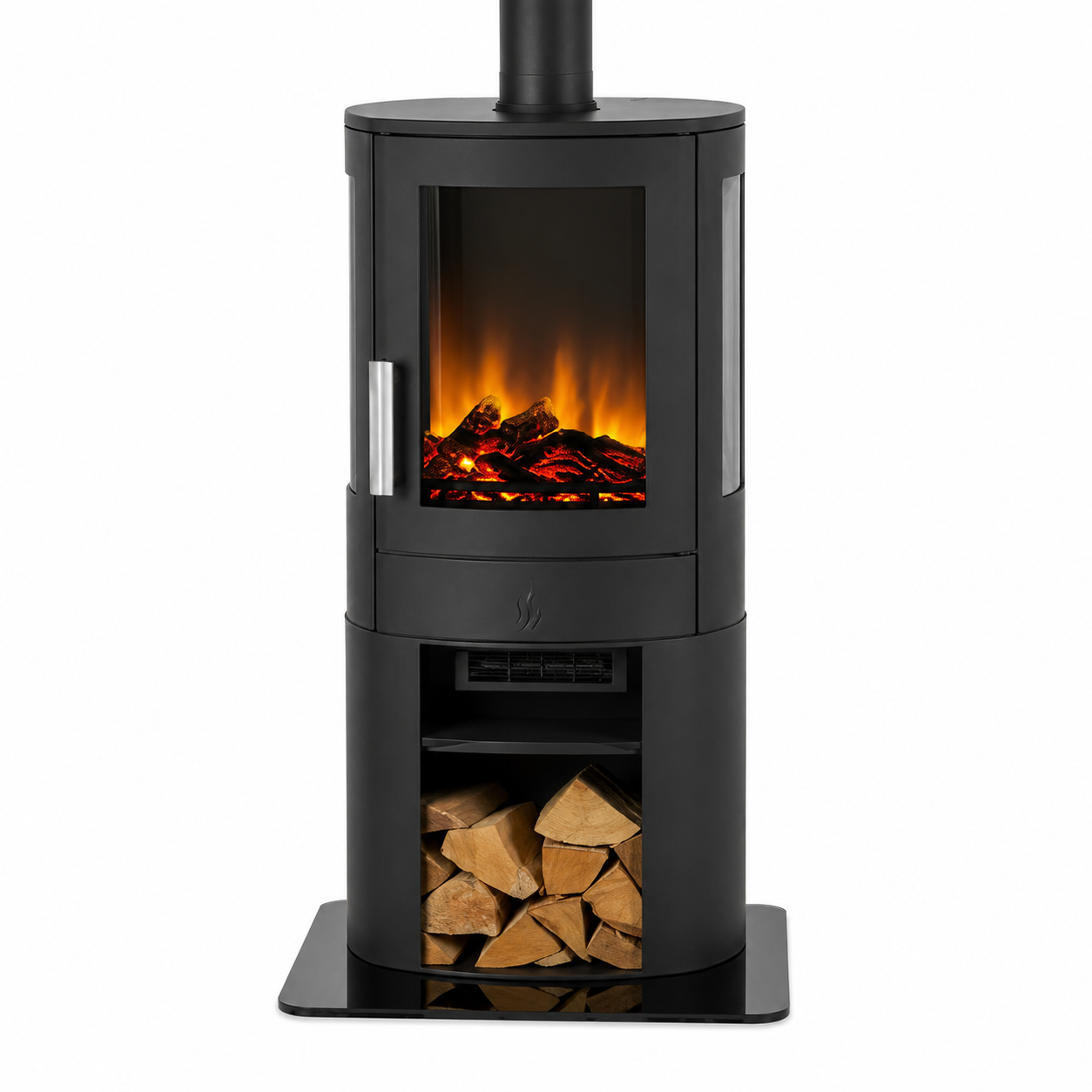 A black freestanding wood-burning stove with an electric-style flame display in the upper chamber and a log storage compartment below, shown on a plain white background.