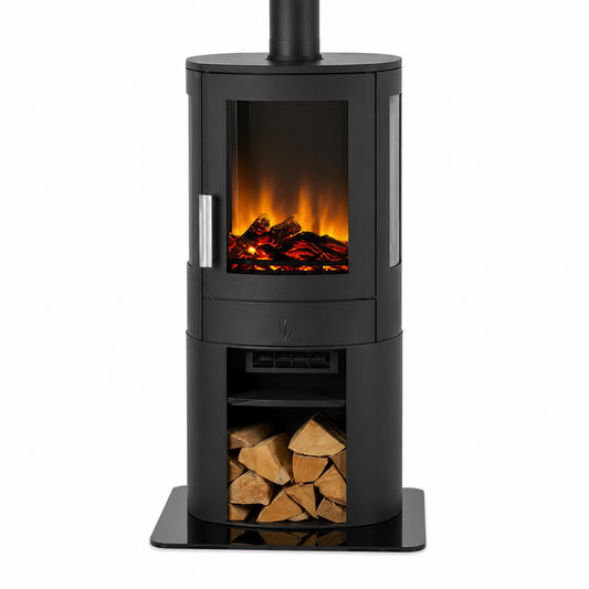 A black freestanding wood-burning stove with an electric-style flame display in the upper chamber and a log storage compartment below, shown on a plain white background.