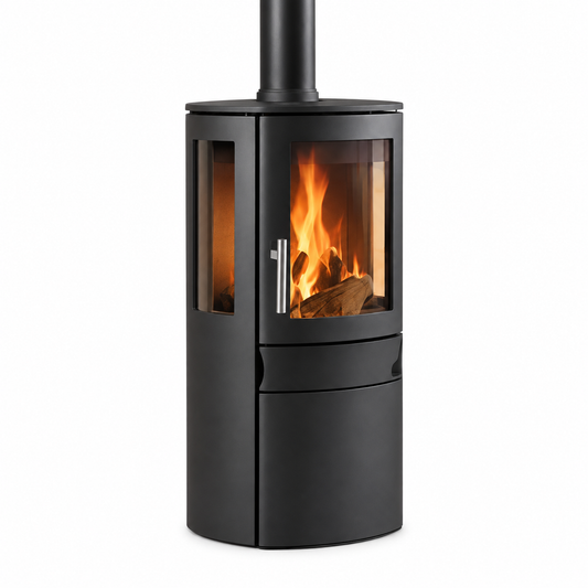 A modern black gas stove with a visible fire inside, shown against a plain white background.