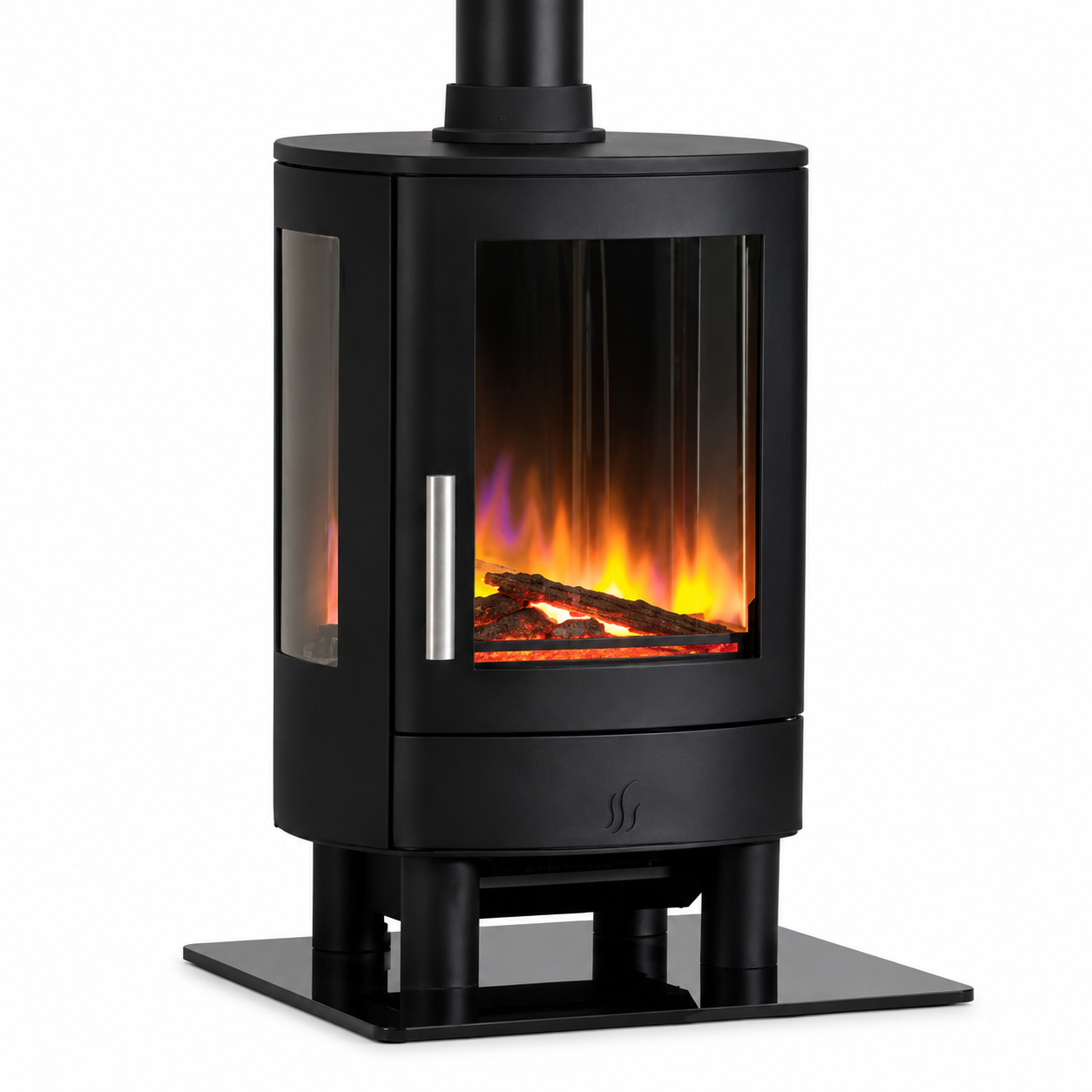 A black wood-burning stove with a glass front door showing a simulated fire, standing on a flat base with a chimney pipe extending upward, photographed against a plain white background.