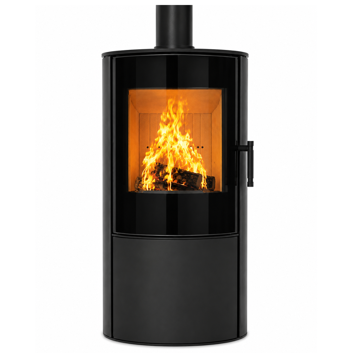 A modern black wood-burning stove with a visible fire inside, shown against a plain white background.