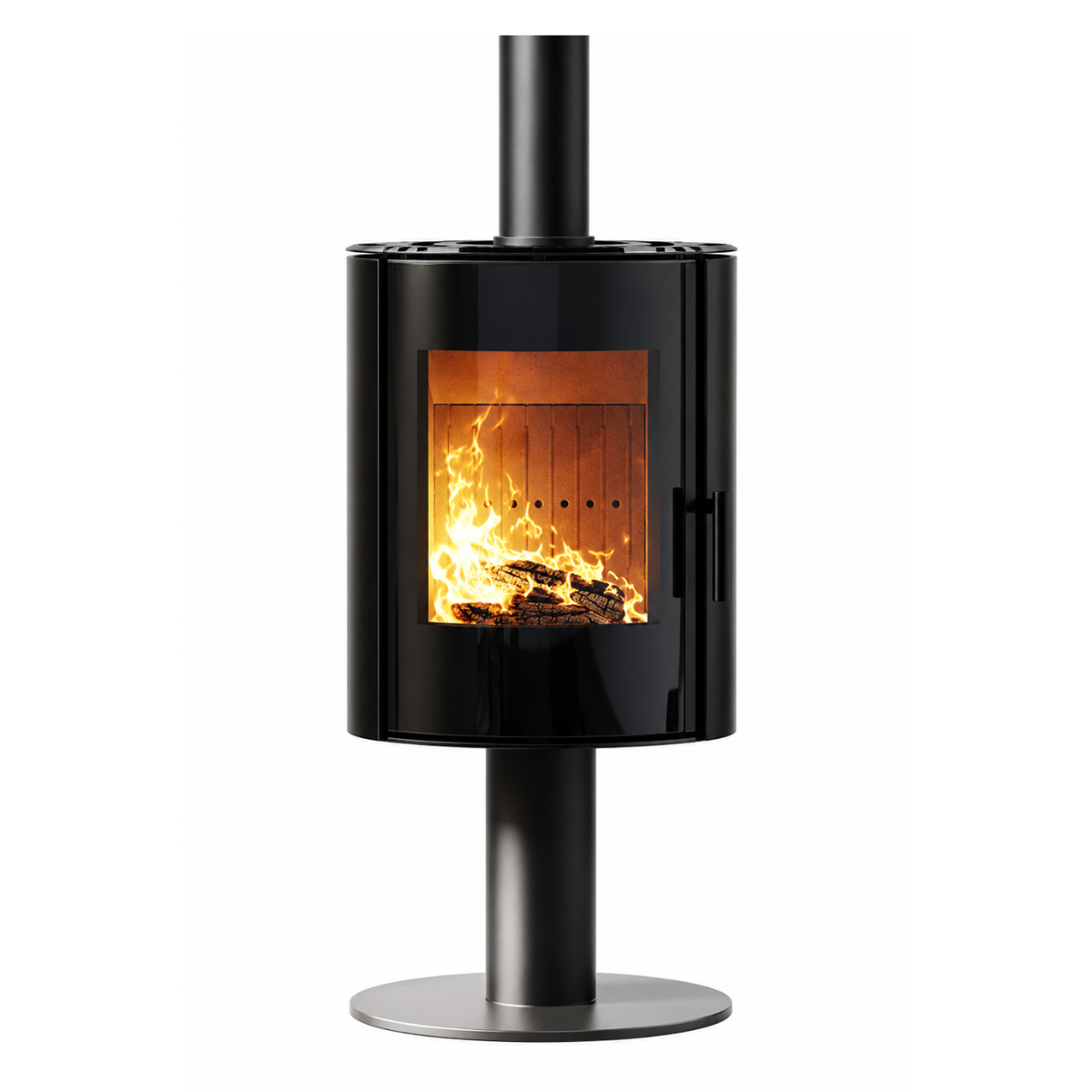 A modern black wood-burning stove with a glass front door showing a burning fire, mounted on a tall black stand with a circular base plate, isolated on a white background.