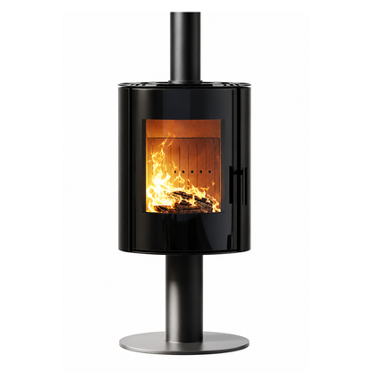 A modern black wood-burning stove with a glass front door showing a burning fire, mounted on a tall black stand with a circular base plate, isolated on a white background.