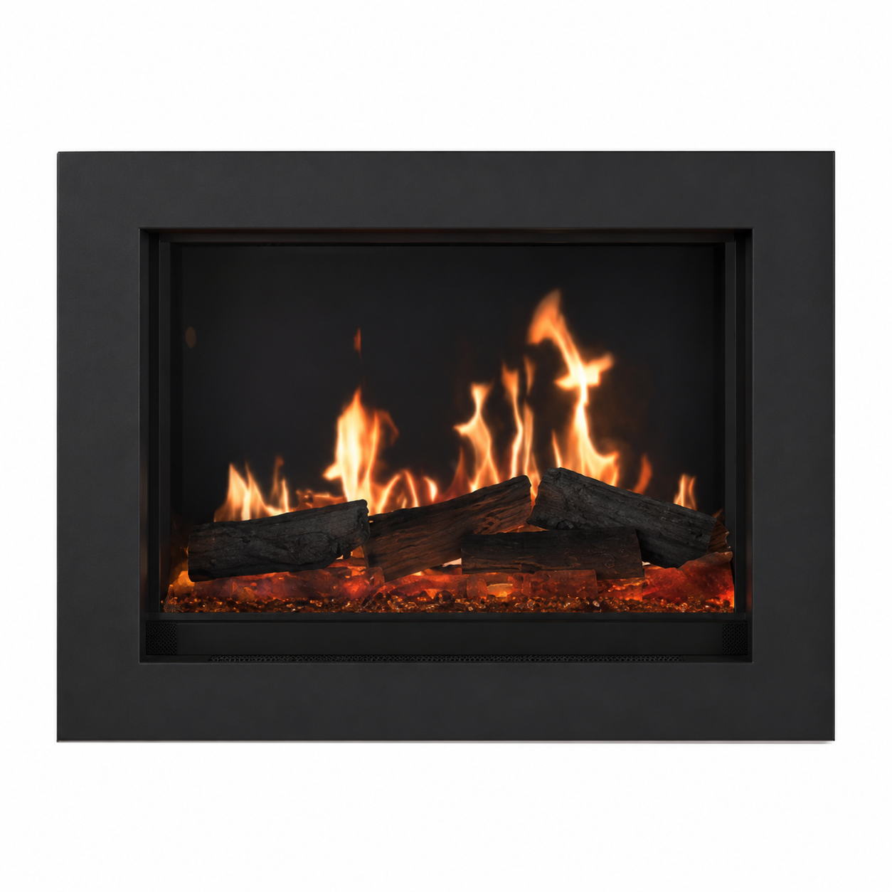 A modern electric fireplace insert with a black frame, featuring simulated flames and logs over glowing embers, shown against a plain white background.