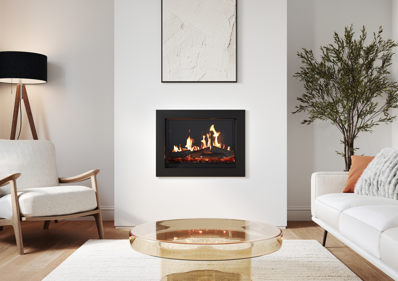 A modern black fireplace insert mounted on a white wall in a styled living room with a white armchair, a glass coffee table, and a potted tree.