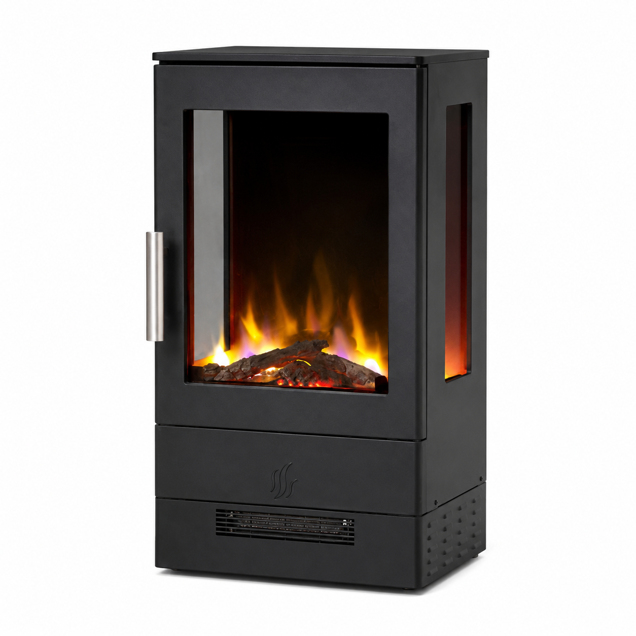 A modern black electric fireplace with a glass front door showing a simulated flame and log effect, a vertical side window, and a silver handle on a white background.
