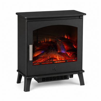Black electric fireplace stove with faux logs and glowing orange-red flames visible through the front glass door, shown on a plain white background.