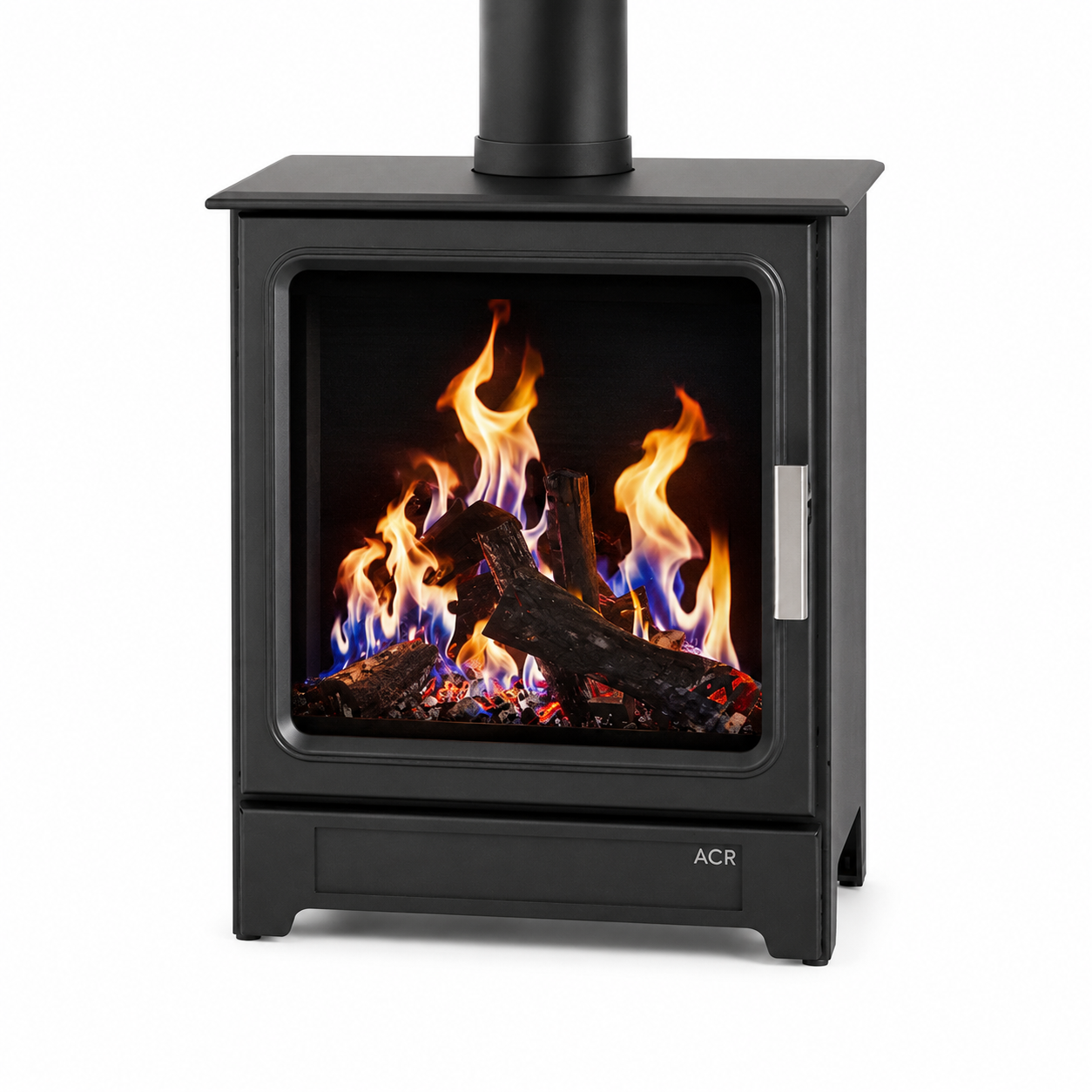 A black ACR gas stove with a glass front door showing a simulated fire with orange, yellow, and blue flames, set against a plain white background.
