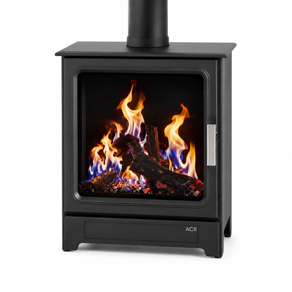 A black ACR gas stove with a glass front door showing a simulated fire with orange, yellow, and blue flames, set against a plain white background.