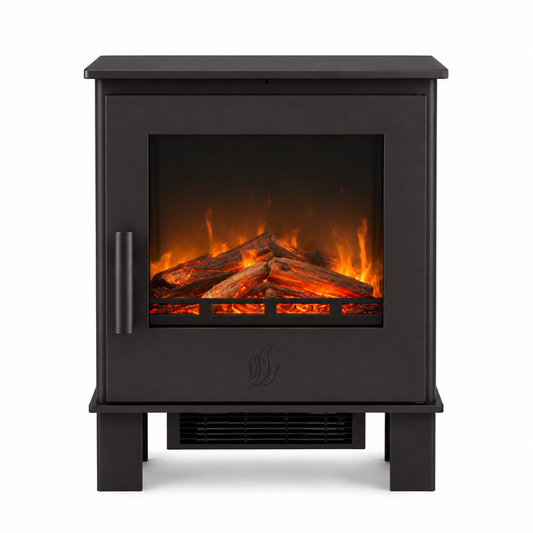A black freestanding electric wood-burning fireplace with a realistic glowing fire effect visible through the front glass door, shown on a plain white background.