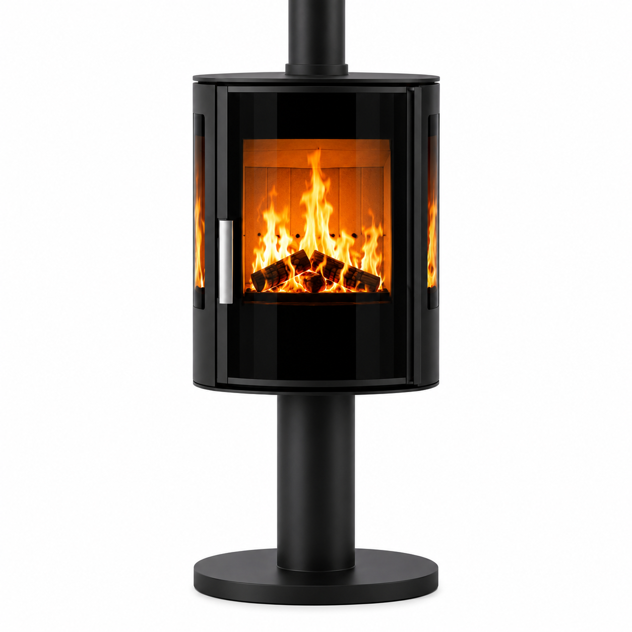 ACR NEO XP Front. A modern black wood-burning stove with a glass front door showing a glowing fire, mounted on a cylindrical stand with a circular base against a white background.