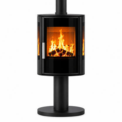 ACR NEO XP Front. A modern black wood-burning stove with a glass front door showing a glowing fire, mounted on a cylindrical stand with a circular base against a white background.