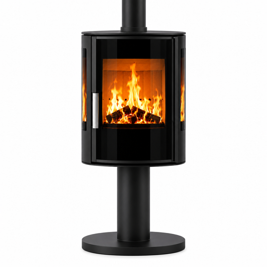 ACR NEO XP Front. A modern black wood-burning stove with a glass front door showing a glowing fire, mounted on a cylindrical stand with a circular base against a white background.
