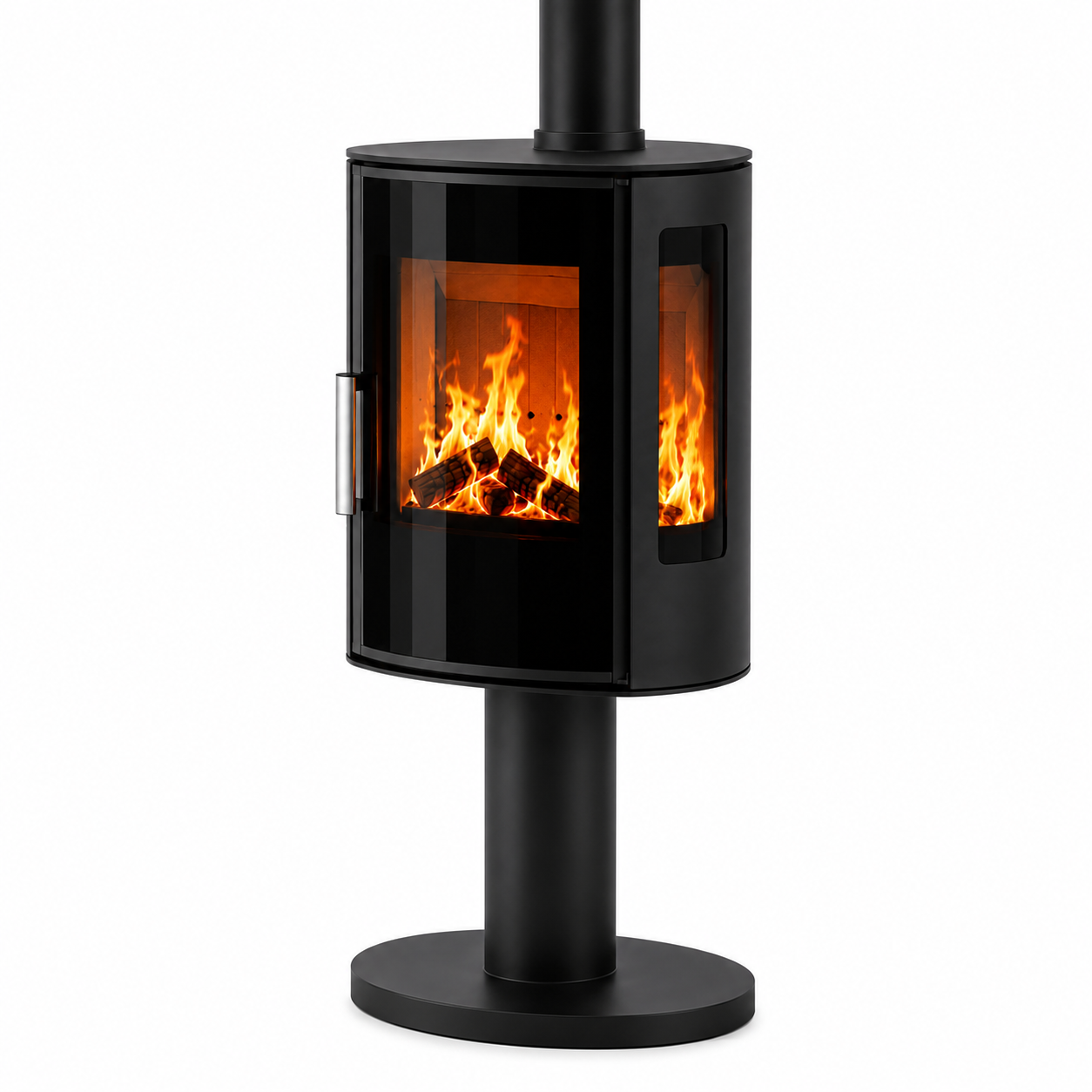 A modern black wood-burning stove with a glass door showing a glowing fire, mounted on a cylindrical stand with a circular base and a vertical chimney pipe, isolated on a white background.