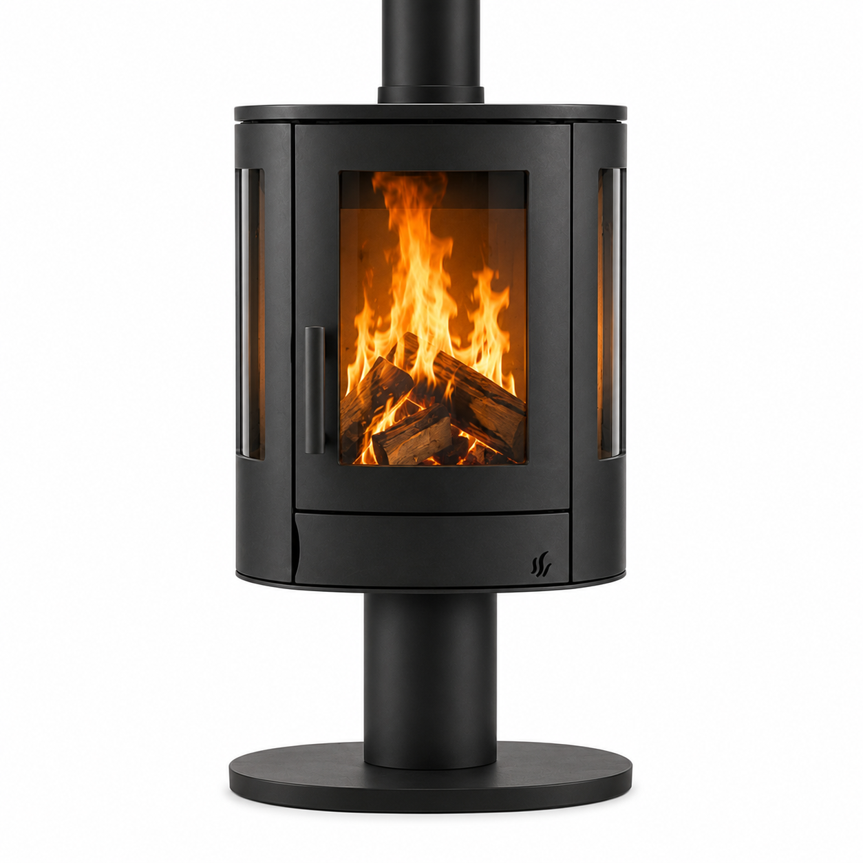 A modern black wood-burning stove with a visible fire inside, shown on a clean white background.