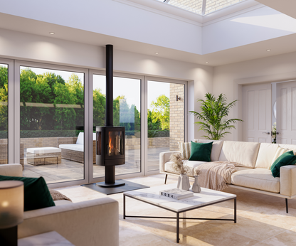 A modern living room with a black wood-burning stove on a slate base, large floor-to-ceiling windows overlooking a garden patio, a cream sofa with green pillows, and a white coffee table.