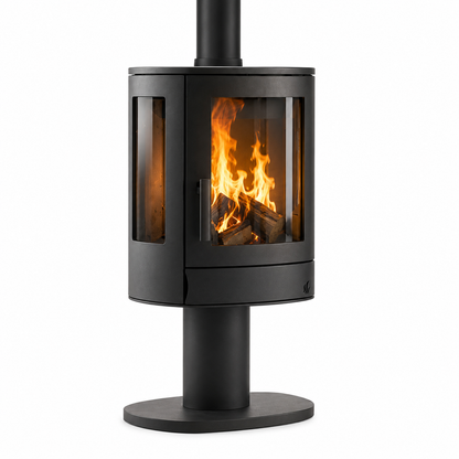 A modern black wood-burning stove with a visible fire inside, shown on a clean white background.