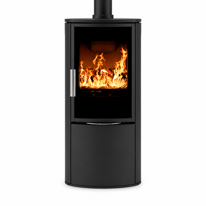 ACR Neo XC. A modern black wood-burning stove with a glass front door showing a bright orange fire, set against a plain white background.
