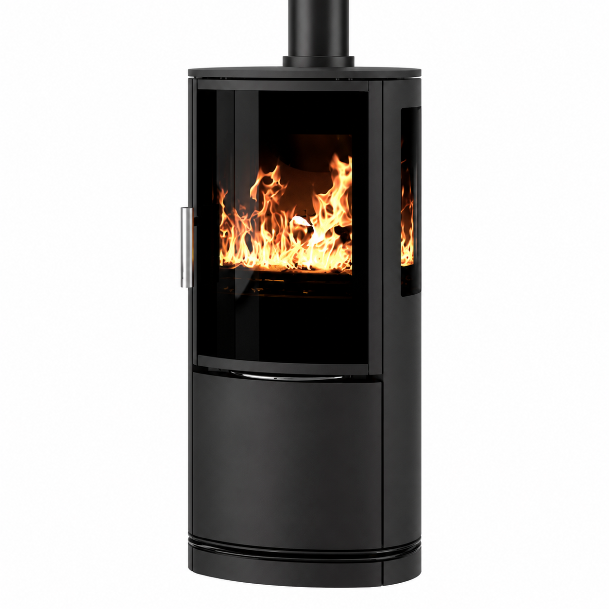 ACR Neo XC. A modern black wood-burning stove with a visible fire inside, shown against a plain white background.