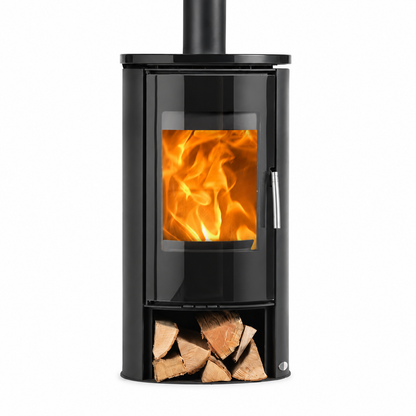 A modern black wood-burning stove with a glass front door showing bright orange flames, a vertical chimney stack, and a lower firewood storage compartment filled with logs, isolated on a white background.