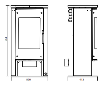 Black and white technical line drawing showing two side views of a cabinet or enclosure with dimension markings: 944 height, 520 width on the left view, and 413 width on the right view.