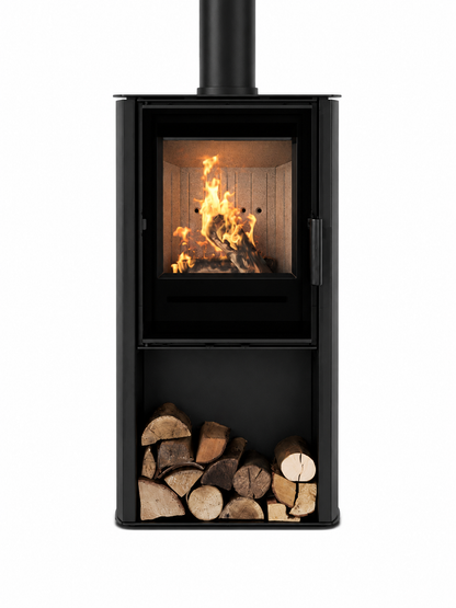 ACR Osprey 5kW. A black wood-burning stove with a visible fire inside the glass door and a stack of cut logs in the lower compartment, shown against a plain white background.