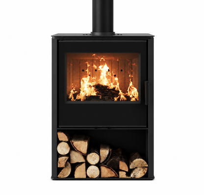 ACR Osprey 8. A black wood-burning stove with an open fire visible through a glass door, shown against a plain white background. A stack of cut firewood is stored in the lower compartment, and a black chimney pipe extends upward from the top.