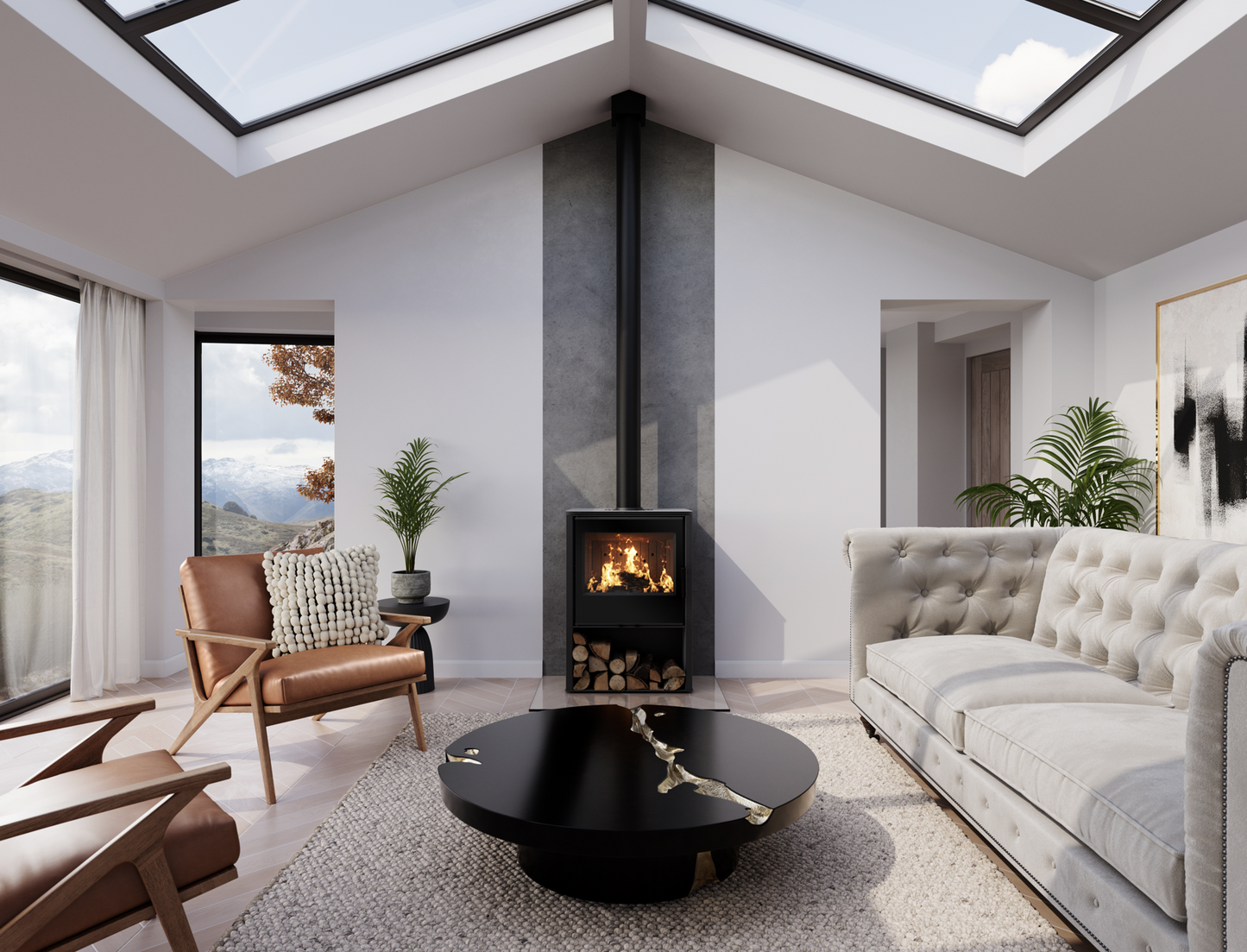 ACR Osprey 8. A modern living room interior with a black wood-burning fireplace centered against white walls, a light tufted sofa, brown leather armchair, black round coffee table, plants, and a large skylight above.