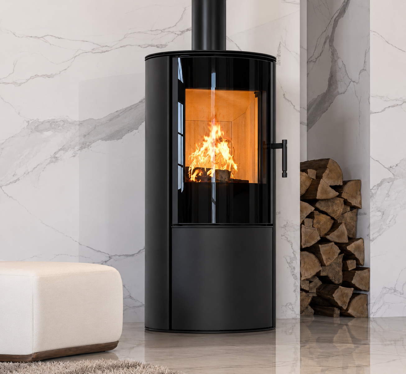 ACR Osprey eVe Log Store Lifestyle. A modern black cylindrical wood-burning stove with a visible fire inside, set against a white marble wall. A stack of firewood is visible on the right, and a cream-colored ottoman is on the left.