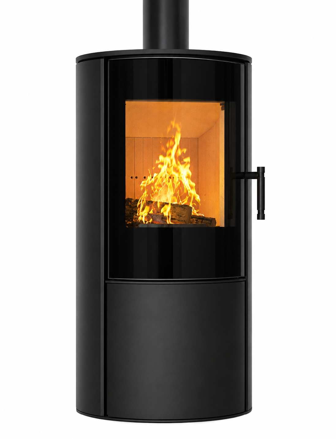 ACR Osprey eVe Log Store Front. A modern black wood-burning stove with a glass front door showing a bright orange fire, isolated on a white background.