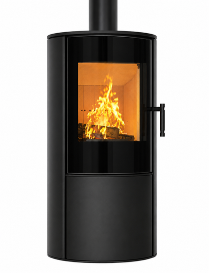 ACR Osprey eVe Log Store Front. A modern black wood-burning stove with a glass front door showing a bright orange fire, isolated on a white background.
