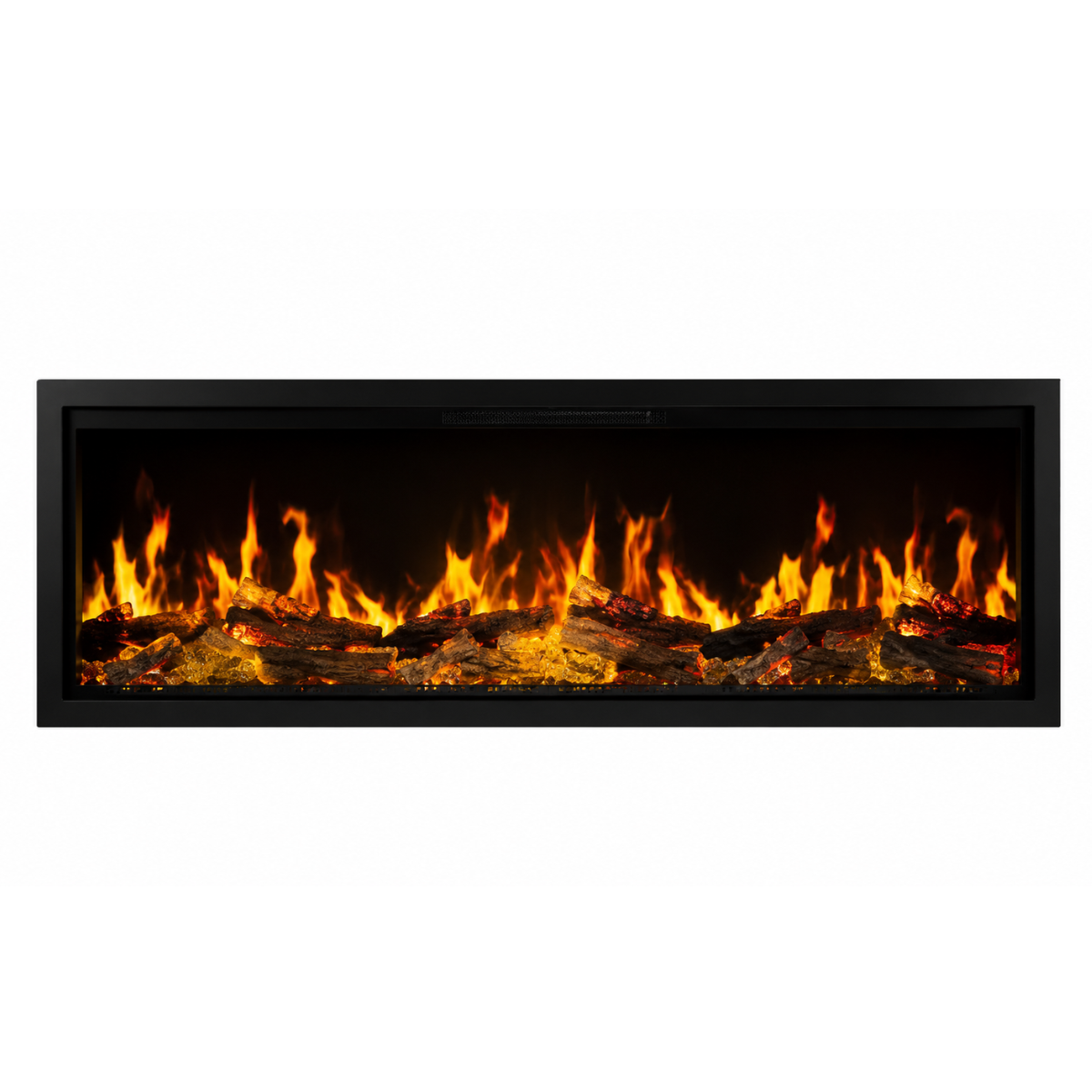 A rectangular electric fireplace insert with a black frame, featuring realistic orange and yellow flames rising over dark faux logs on a black background, shown against a plain white backdrop.