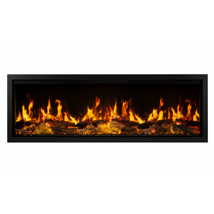 A rectangular electric fireplace insert with a black frame, featuring realistic orange and yellow flames rising over dark faux logs on a black background, shown against a plain white backdrop.