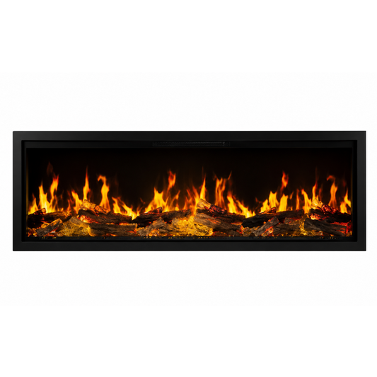A rectangular electric fireplace insert with a black frame, featuring realistic orange and yellow flames rising over dark faux logs on a black background, shown against a plain white backdrop.