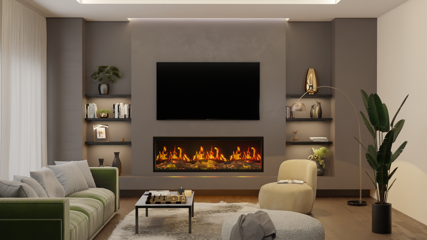 A modern living room featuring a built-in linear fireplace with glowing orange flames on a dark gray wall, flanked by shelves with decor, a green sofa, a cream armchair, and a tall potted plant.