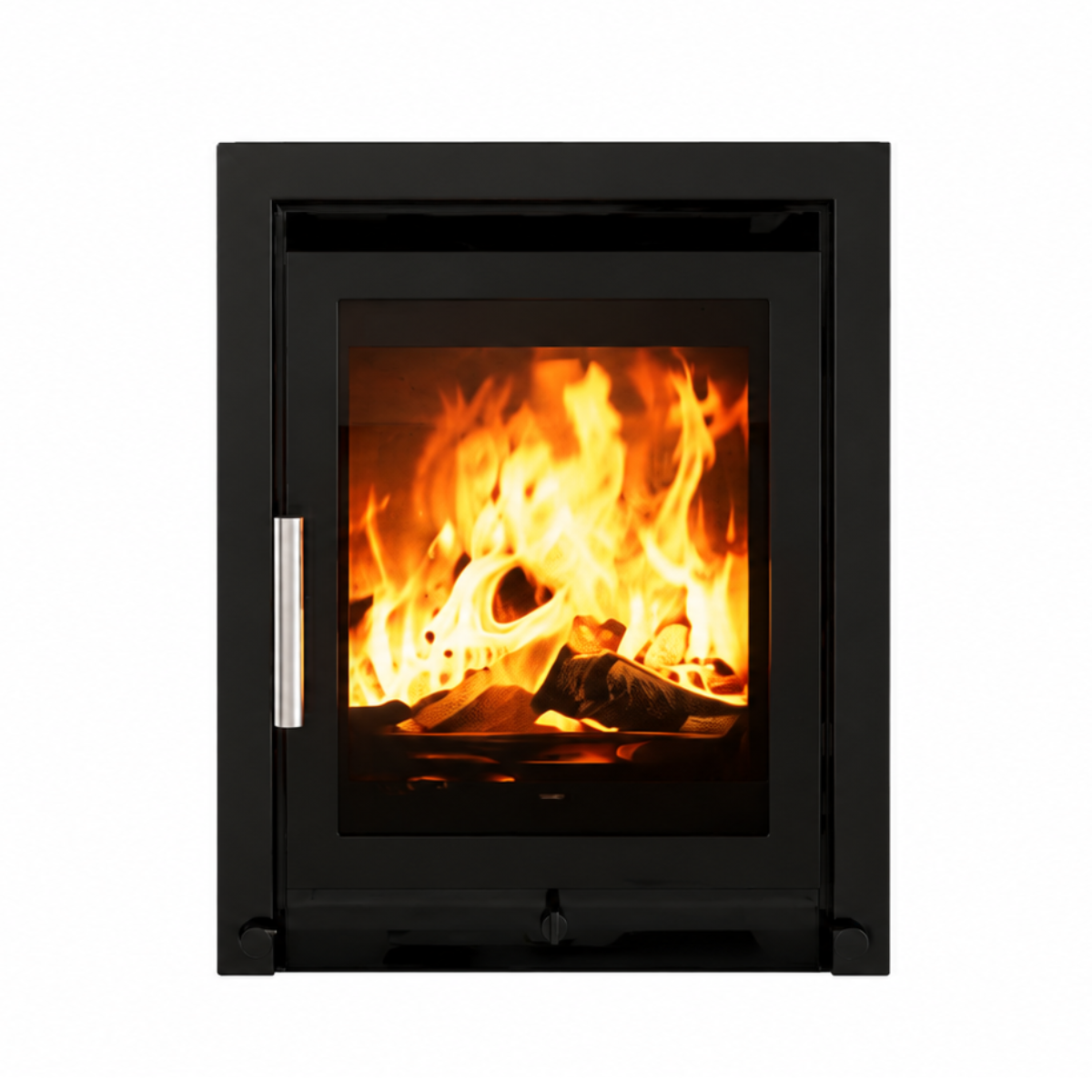 A black modern wood-burning fireplace insert with a glass door showing a bright orange and yellow fire, set against a plain white background.